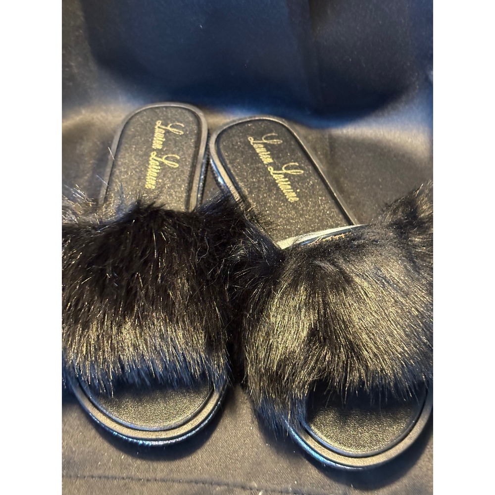 Lauren Lorraine Fluffy‎ Black Faux Fur Slide Sandals Womens Size 10 L New in Box
